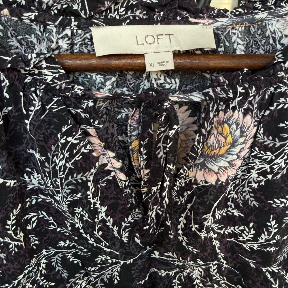 LOFT Long Sleeve Floral Mini Dress Women's XL Gray Pink White Peonies - Picture 6 of 6